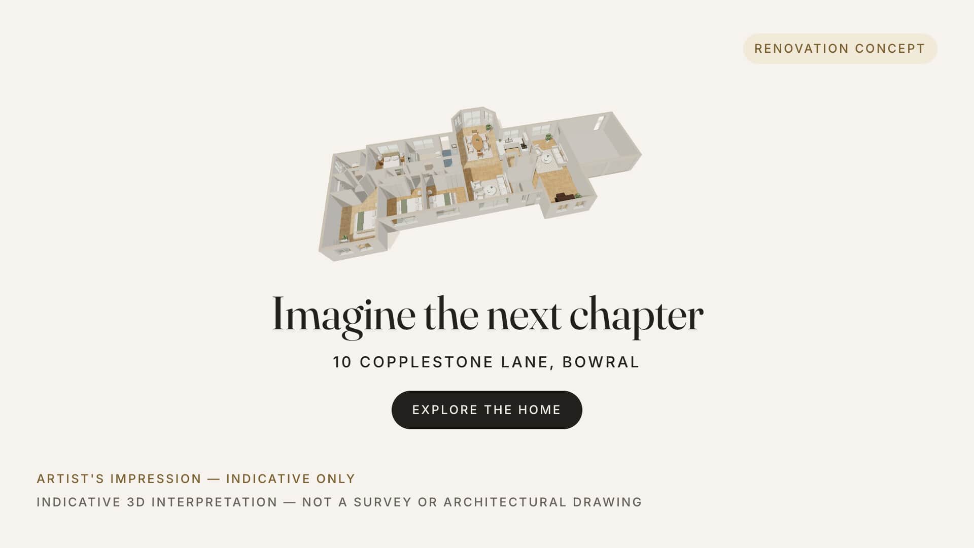 Artist's impression — indicative 3D open-top model of 10 Copplestone Lane, Bowral, introducing the renovation vision.