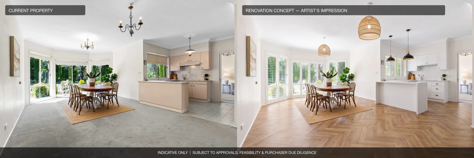 Dining and kitchen: current property beside an artist's impression of the renovation concept
