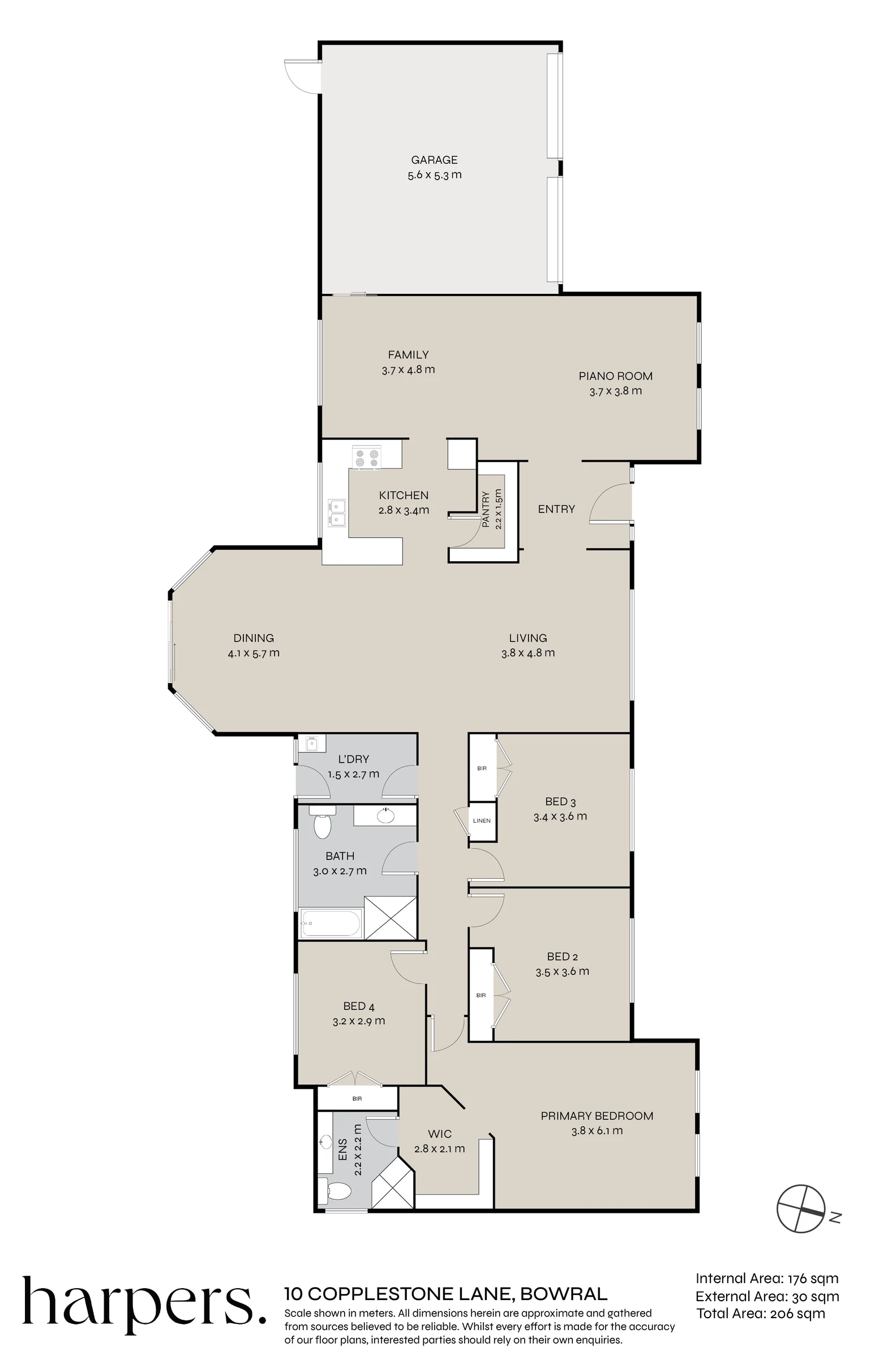 Floor plan of 10 Copplestone Lane showing four bedrooms, two bathrooms, kitchen, pantry, laundry, dining, living, family and piano rooms, and double garage.