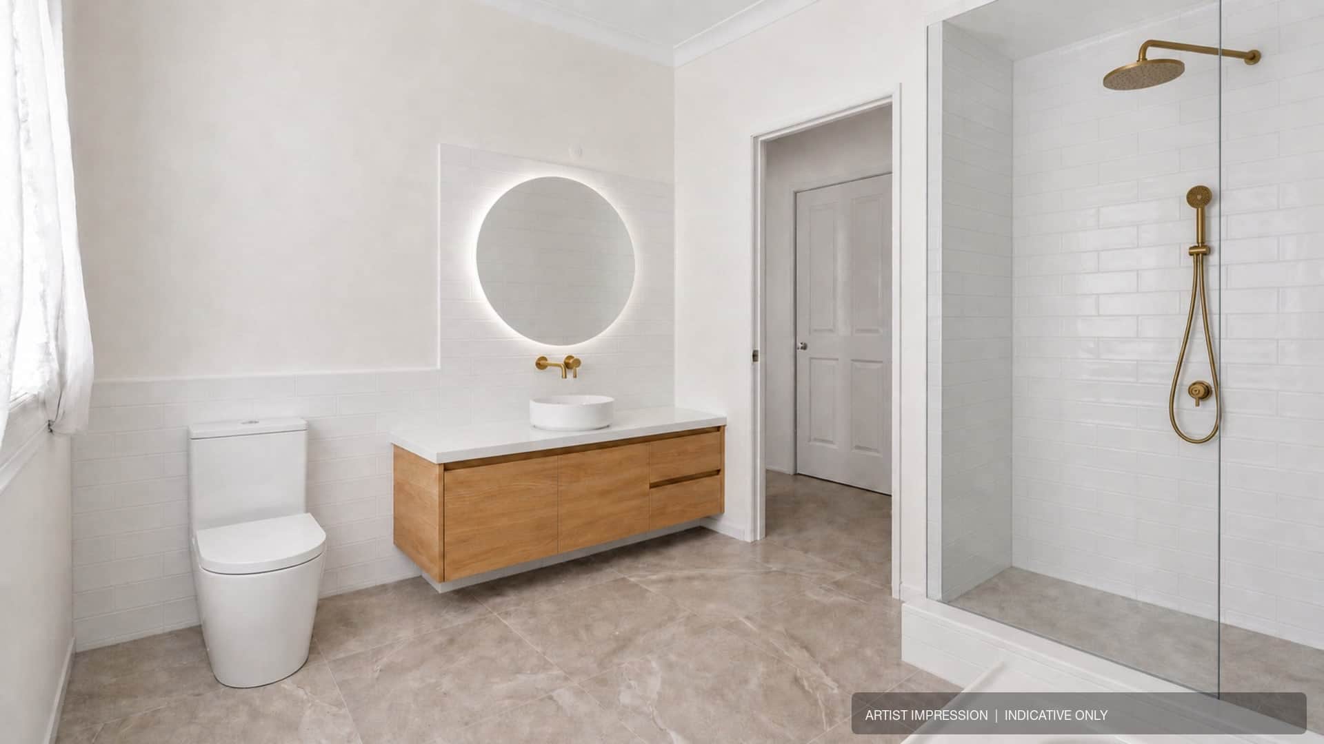 Artist's impression — indicative renovation concept for the main bathroom at 10 Copplestone Lane, with a timber vanity and brass fittings.