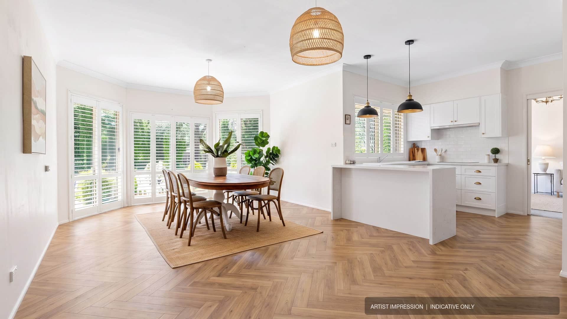 Artist's impression — indicative renovation concept for the open-plan dining and kitchen at 10 Copplestone Lane, with timber flooring and white joinery.